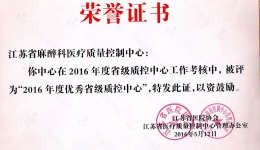 2016年度优秀省级质控中心荣誉证书
